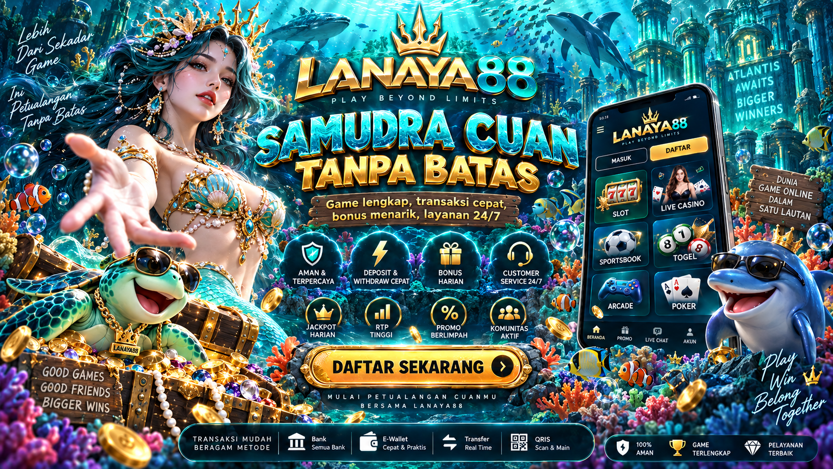 Banner LANAYA88 — ilustrasi layanan dan kategori permainan